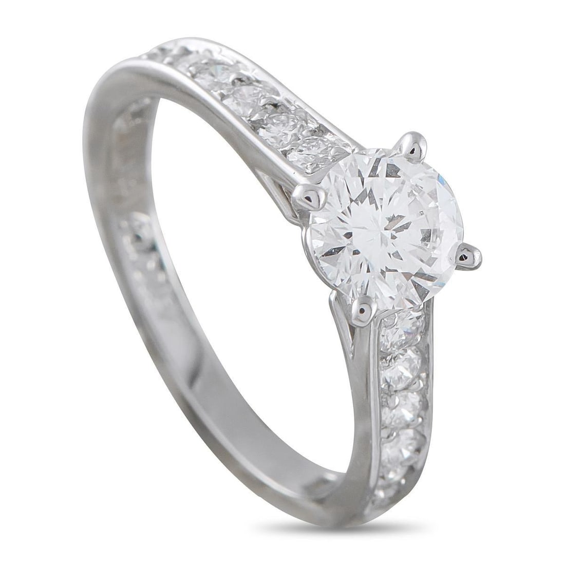 CARTIER PLATINUM 0.97CT DIAMOND ENGAGEMENT RING: This Cartier engagement ring is a luxury piece that will never go out of style. The simple Platinum setting includes channel-set Diamonds totaling 0.25 carats. A 0.72 carat round-cut Diamond center