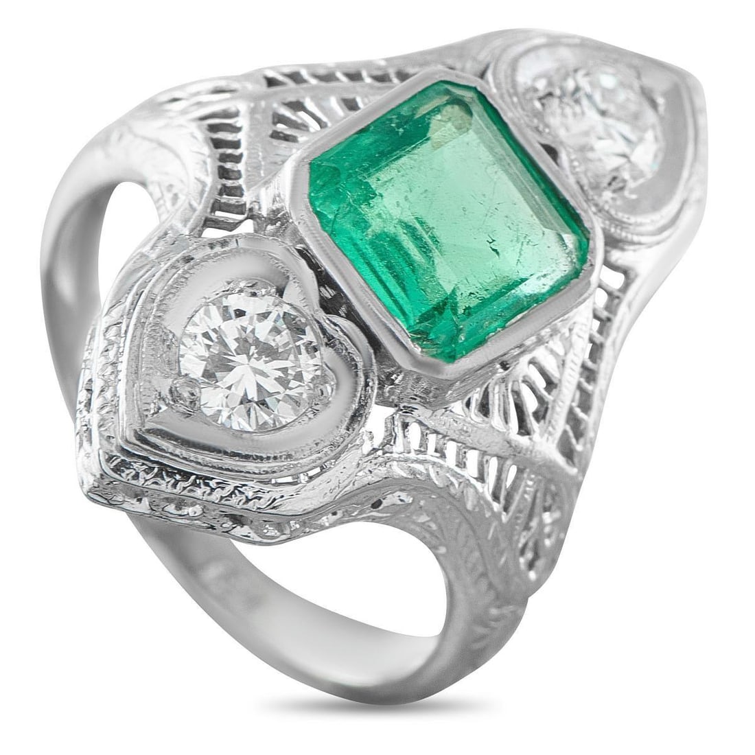 18K WHITE GOLD 0.46CT DIAMOND AND EMERALD RING: This luxury ring exudes Art Deco elegance. Sparkling Diamonds with a total weight of 0.46 carats accent the intricate 18K White Gold setting. At the center, a 1.45 carat Emerald adds a stylish pop of 