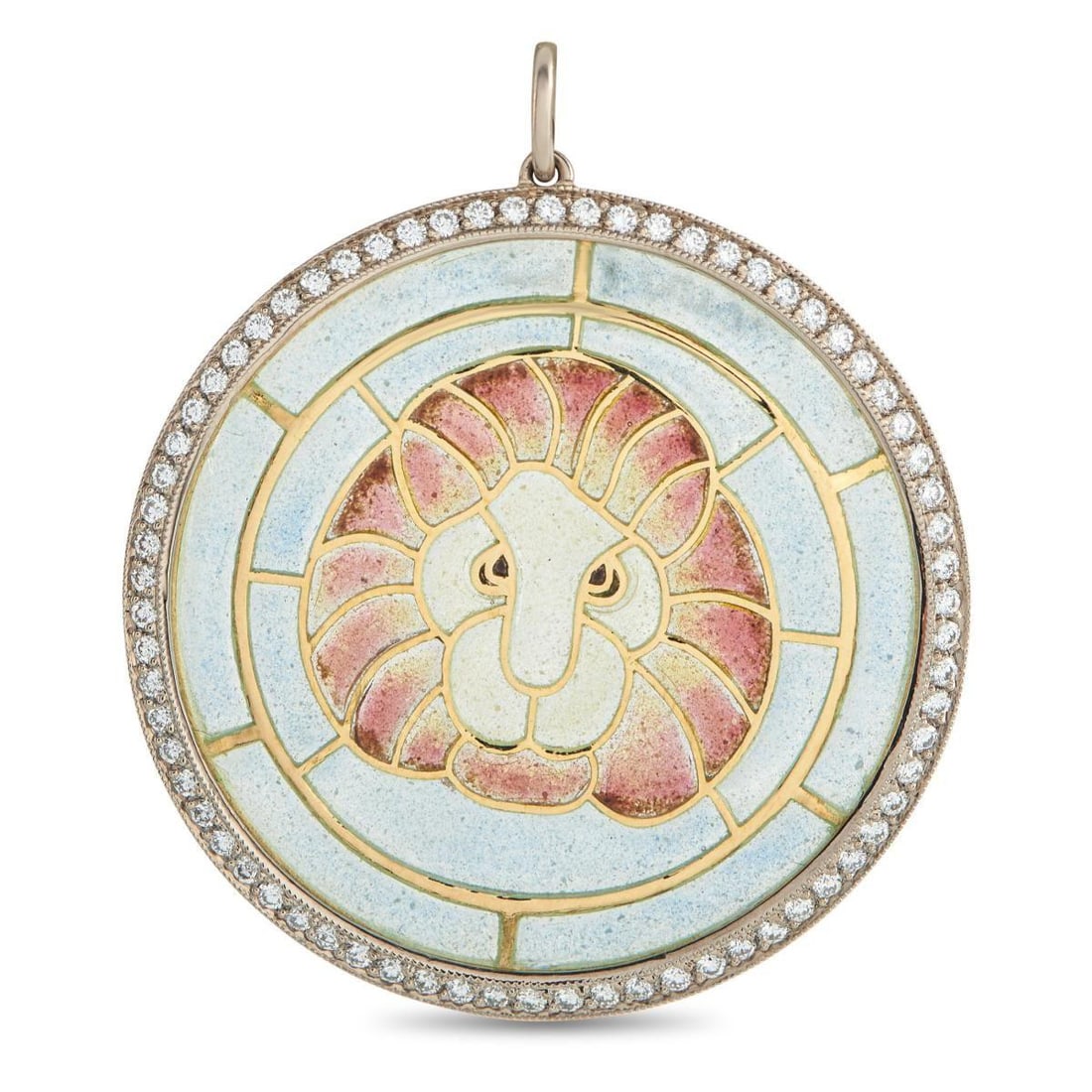 18K YELLOW GOLD DIAMOND PLIQUE--JOUR LION PENDANT: This luminous pendant exudes artistic elegance. Crafted using a traditional Plique--Jour technique that mimics the look of stained glass, a translucent Lion motif at the center of the circular setting