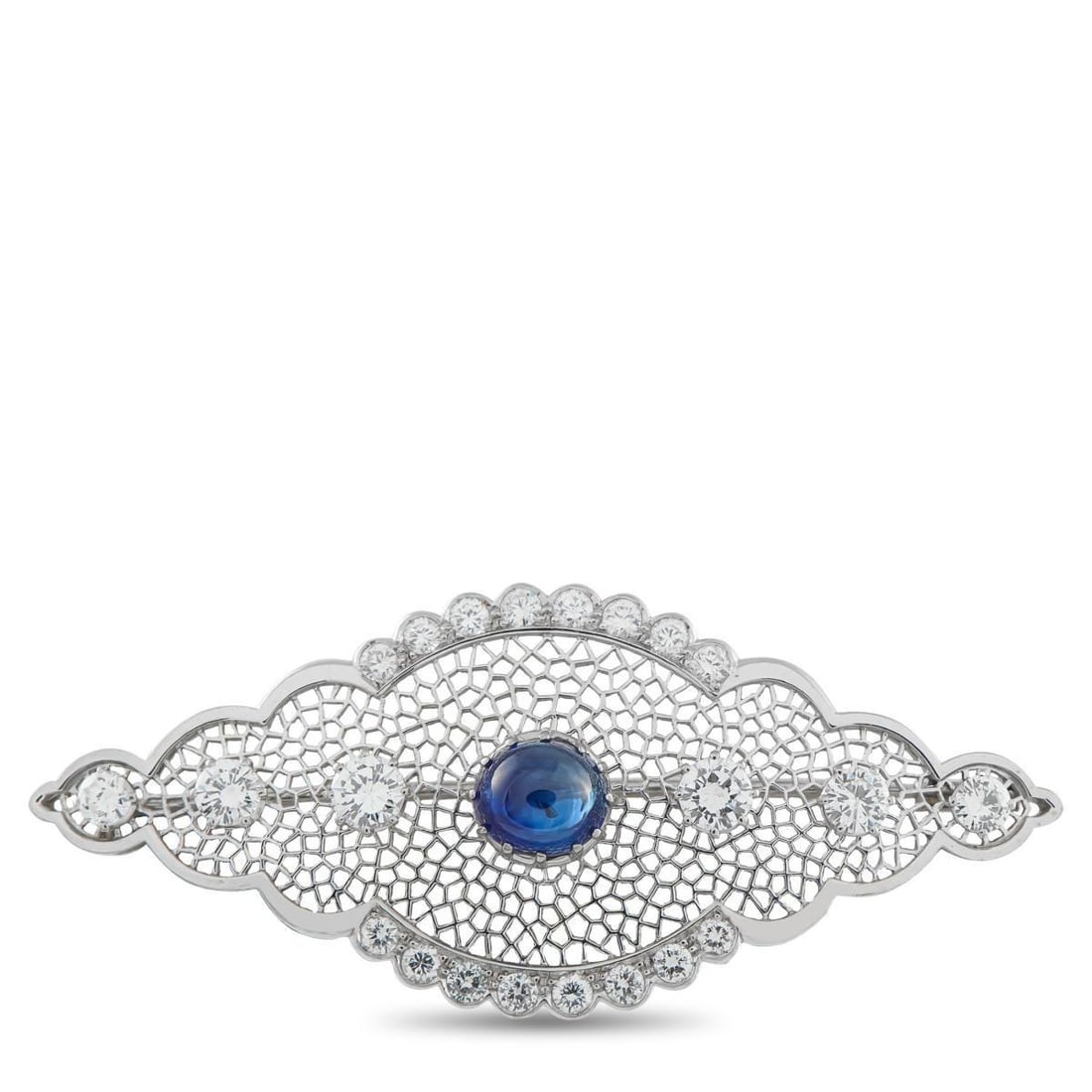 PLATINUM 2.50CT DIAMOND AND SAPPHIRE BROOCH: This brooch is full of intricate details. Crafted from Platinum, the stunning openwork design is elevated by sparkling Diamonds with a total weight of 2.50 carats. A 2.85 carat Sapphire center stone