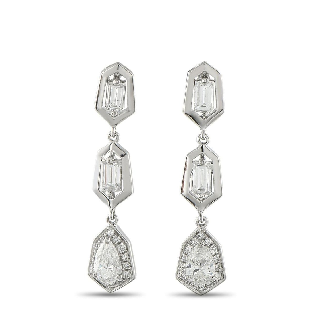 18K WHITE GOLD 1.70CT DIAMOND GEOMETRIC DROP EARRINGS: Here is a pair of statement earrings that feel as refined as they are bold. They're crafted in 18K white gold and feature trios of geometric frames with rounded corners, each detailed with diamonds. T
