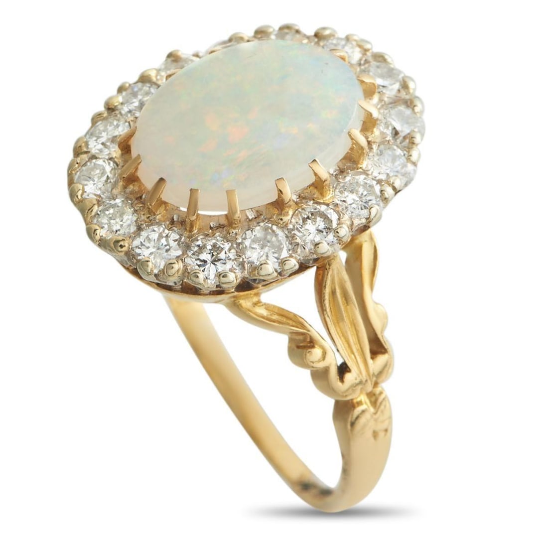 ANTIQUE 18K YELLOW GOLD 1.28CT DIAMOND AND OPAL ENGLISH RING: From the delicate 18K Yellow Gold setting to the fiery 2.20 carat Opal centers stone every aspect of this English Antique ring will continually impress. A sparkling halo of Diamonds totaling 1.28 cara