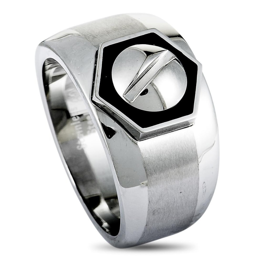 CHARRIOL ROTONDE STAINLESS STEEL BLACK EPOXY BAND RING: A stunningly robust design is marvelously presented in stainless steel in this fantastic Rotonde ring that is created by Charriol, producing a compellingly masculine effect.Ring Top Dimensions: 11mm