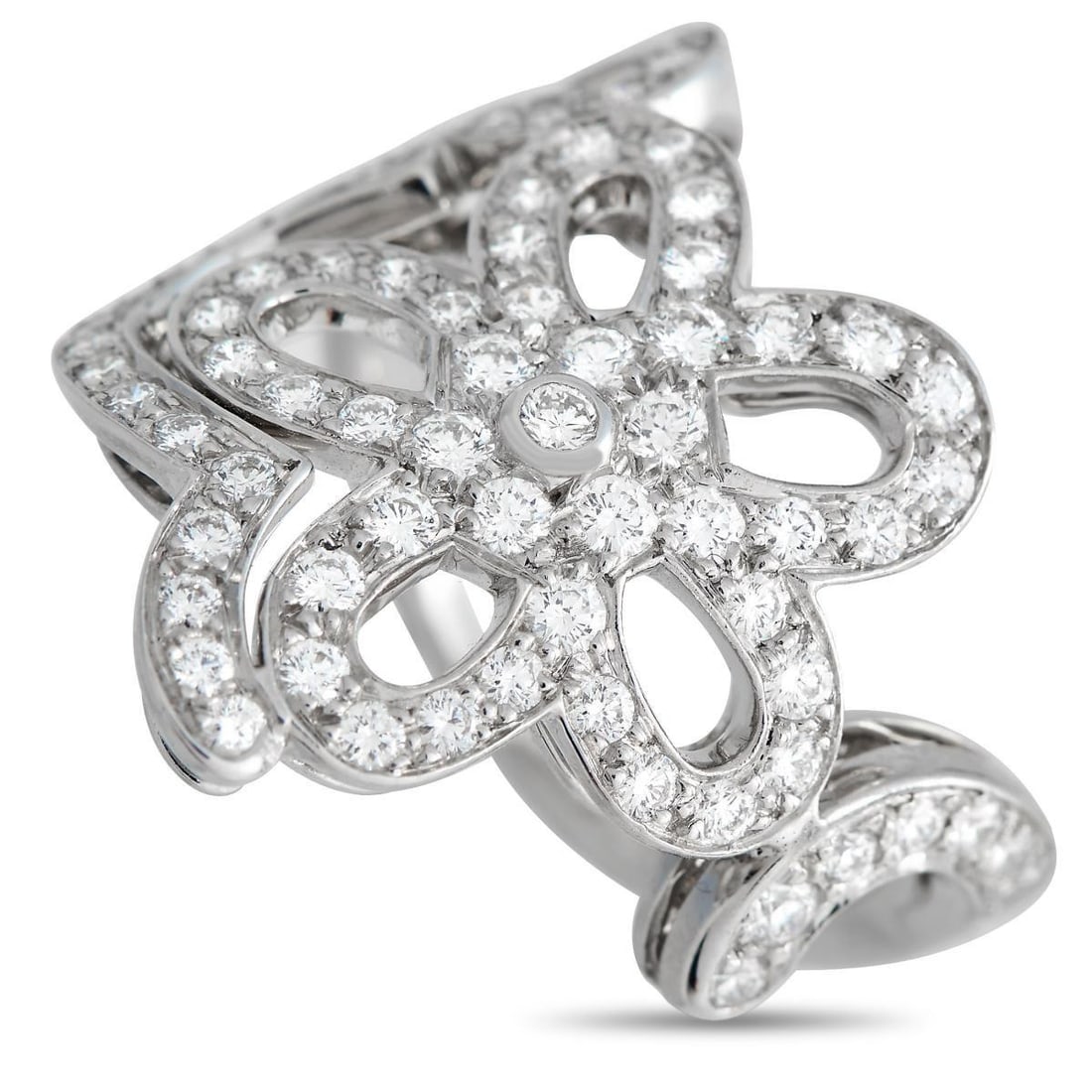 VAN CLEEF & ARPELS 18K WHITE GOLD 0.85CT DIAMOND FLOWER LACE COCKTAIL RING: A beautiful piece to add a touch of glamour to your everyday smart casual or special occasion outfits. The ring whispers elegance with its flower-inspired lace-like design. The 18K white gold band fea