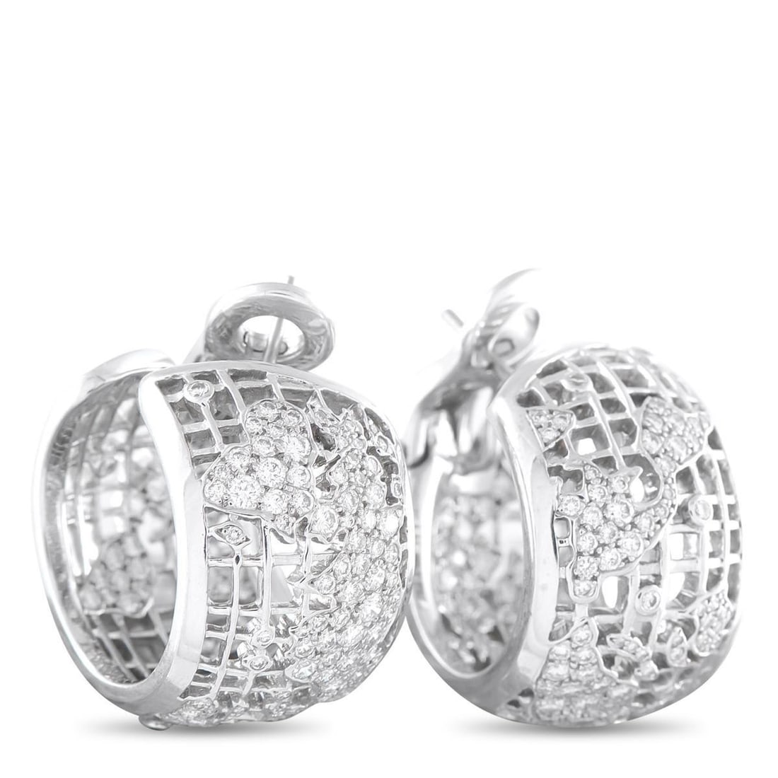 CHANEL 18K WHITE GOLD 2.0CT DIAMOND EARRINGS: These Chanel earrings will continually impress. The rounded 18K White Gold settings include a delicate lattice pattern, organic motifs, and sparkling Diamonds totaling 2.0 carats. Each earring measure