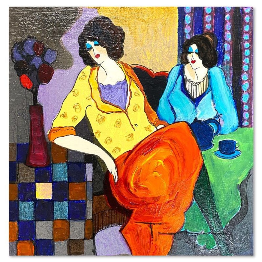 Itzchak Tarkay (1935-2012), "Sisters" One-of-a-Kind Mixed Media Over Paint on Wood, Hand Signed with (1 of 2)