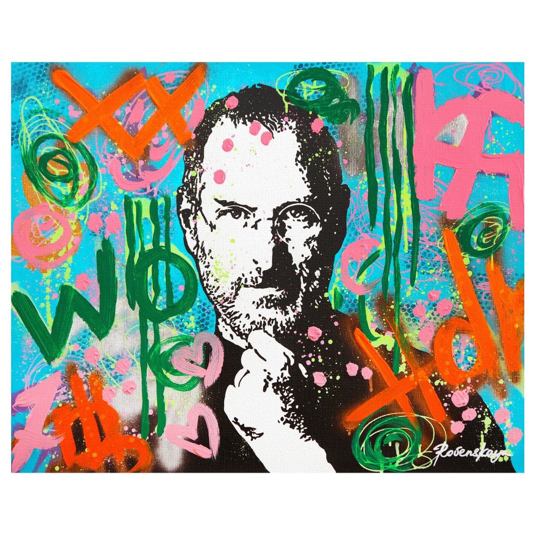 Nastya Rovenskaya- Original Mixed Media on Canvas "Mr. Jobs": Artist: Nastya Rovenskaya. Medium: Original Mixed Media on Canvas. Title: Mr. Jobs. Size: 16" x 20". Signature: Hand Signed by the artist. Certificate of Authenticity: From the publisher. Reference#: 