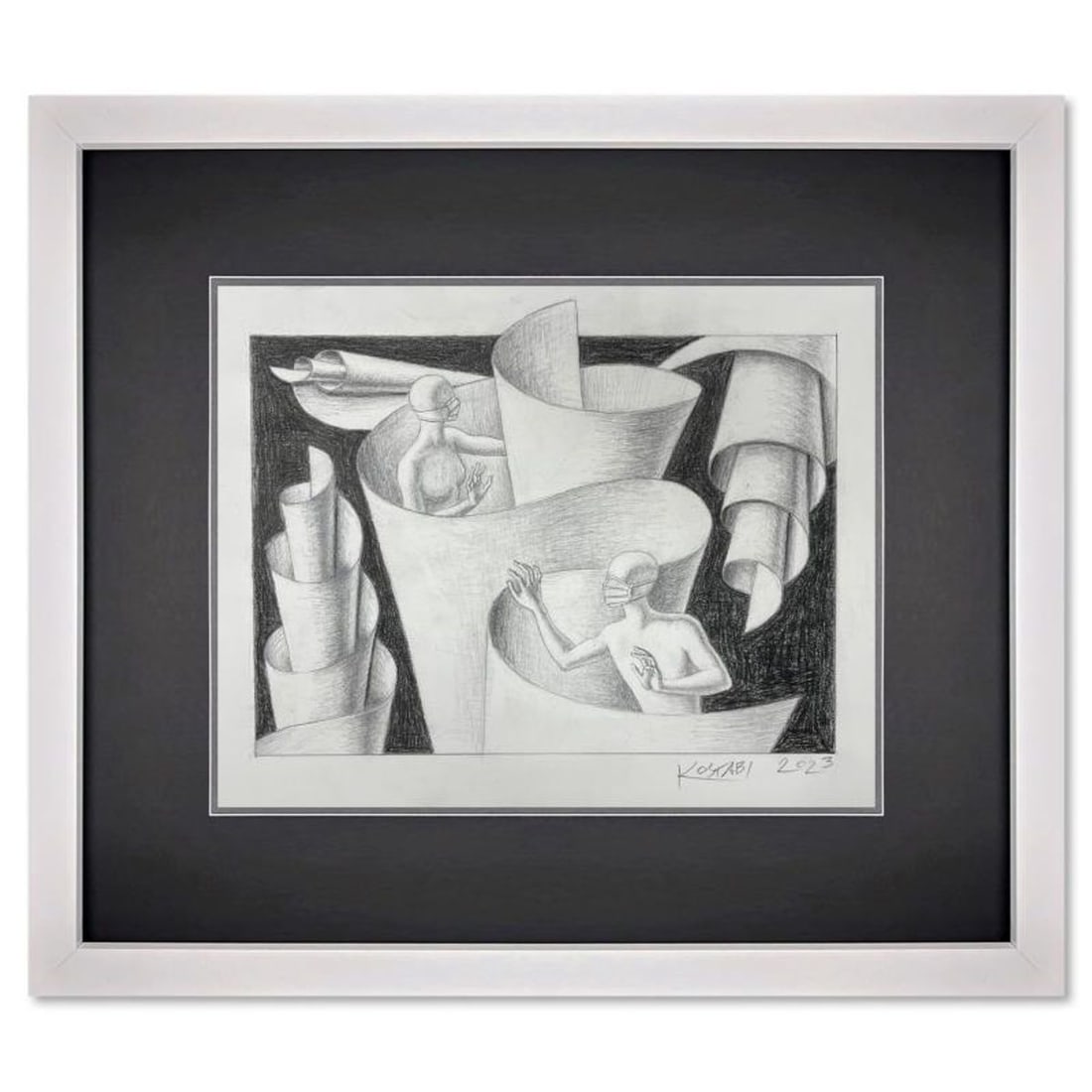 Mark Kostabi, "Spiraling into Control" Framed Original Drawing on Paper, Hand Signed with (1 of 3)