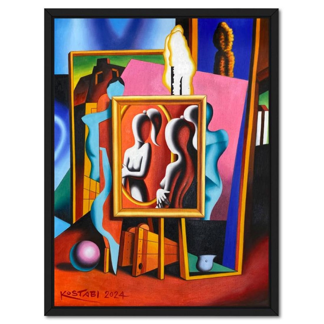 Mark Kostabi, "Accepting Myself" Framed Original Oil Painting on Canvas, Hand Signed with a (1 of 3)