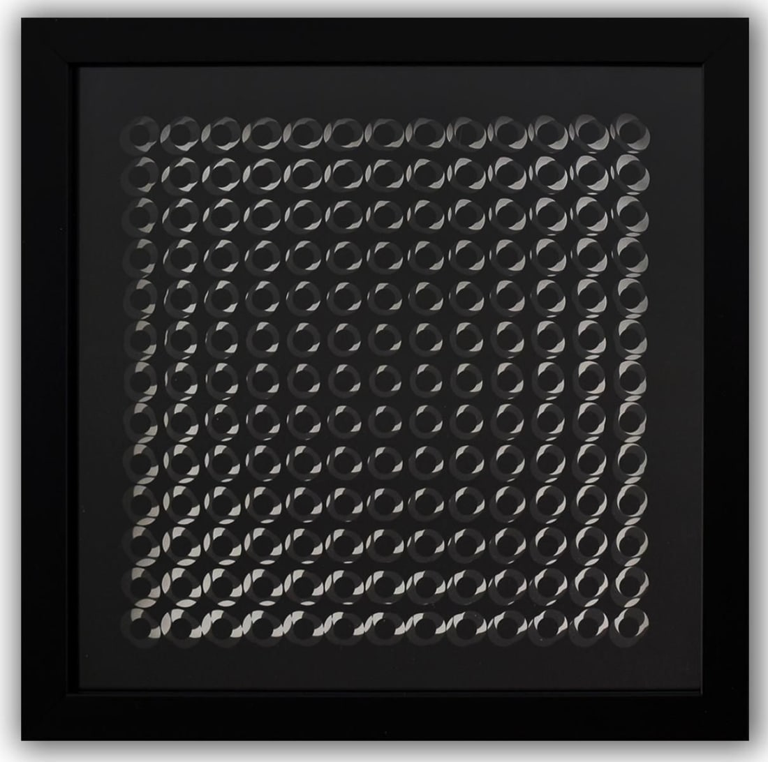 Victor Vasarely- 3D Wall Sculpture/object "Cinetiques": Artist: Victor Vasarely. Medium: 3D Wall Sculpture/object. Title: Cinetiques. Size: 10" x 10". Measures approx. 12" x 12" (framed). Additional: Custom Framed. 2 layers- Top layer printed on clear