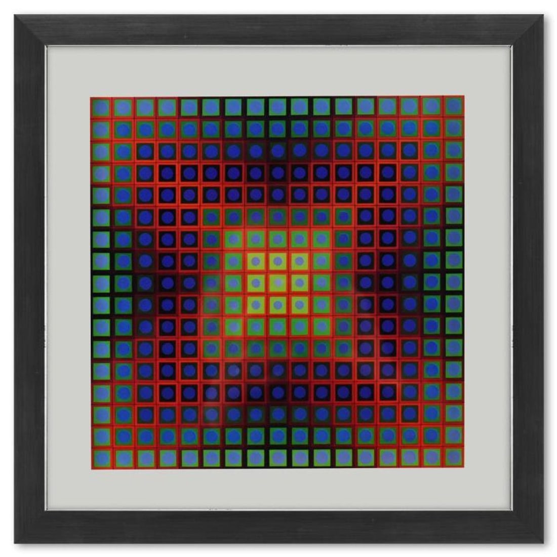 Victor Vasarely (1908-1997), "Kezdi de la serie Folklore Planetaire" Framed 1971 Heliogravure Print: Kezdi de la serie Folklore Planetaire is a heliogravure print on paper, published in 1971, by Victor Vasarely (1908-1997). This piece comes custom framed, with a letter of authenticity and with a 1976