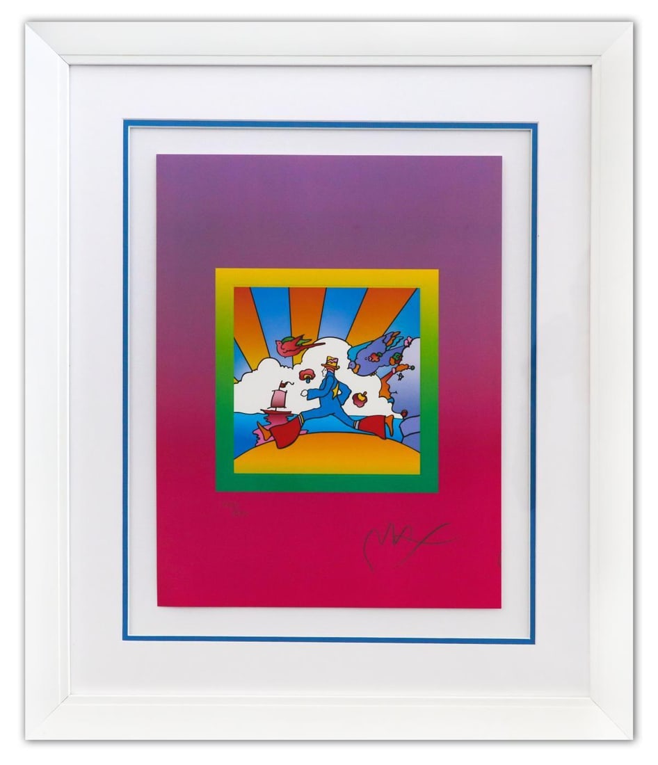 Peter Max- Original Lithograph "Cosmic Runner on Blends": Artist: Peter Max. Medium: Original Lithograph. Title: Cosmic Runner on Blends. Size: 17" x 13". Measures approx. 27" x 23" (framed). Signature: Hand Signed and Numbered by the artist. Certificate of 