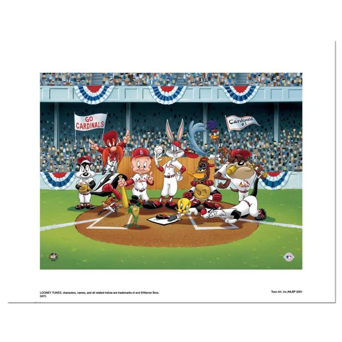 Line Up At The Plate (Cardinals) is a Limited Edition Giclee from Warner Brothers with Hologram Seal: Line Up At The Plate (Cardinals) is a limited edition giclee on paper from Warner Brothers featuring iconic Looney Tunes characters in St. Louis Cardinals MLB uniforms. It comes numbered, with hologra