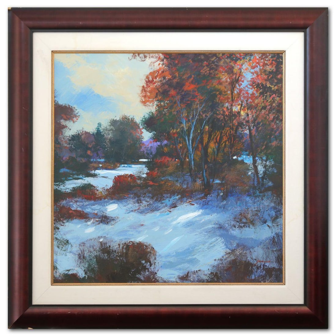 Michael Schofield- Original Oil on Canvas "Blue Ridge Winter": Artist: Michael Schofield. Medium: Original Oil on Canvas. Title: Blue Ridge Winter. Size: 35" x 35". Measures approx. 48" x 48" (framed). Signature: Hand Signed. Additional: Visible damages to the fr