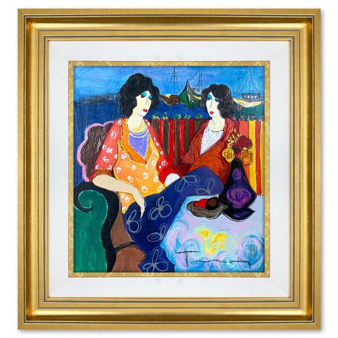 Itzchak Tarkay (1935-2012), "At the Port" Framed One-of-a-Kind Mixed Media Over Paint on Wood, Hand (1 of 2)