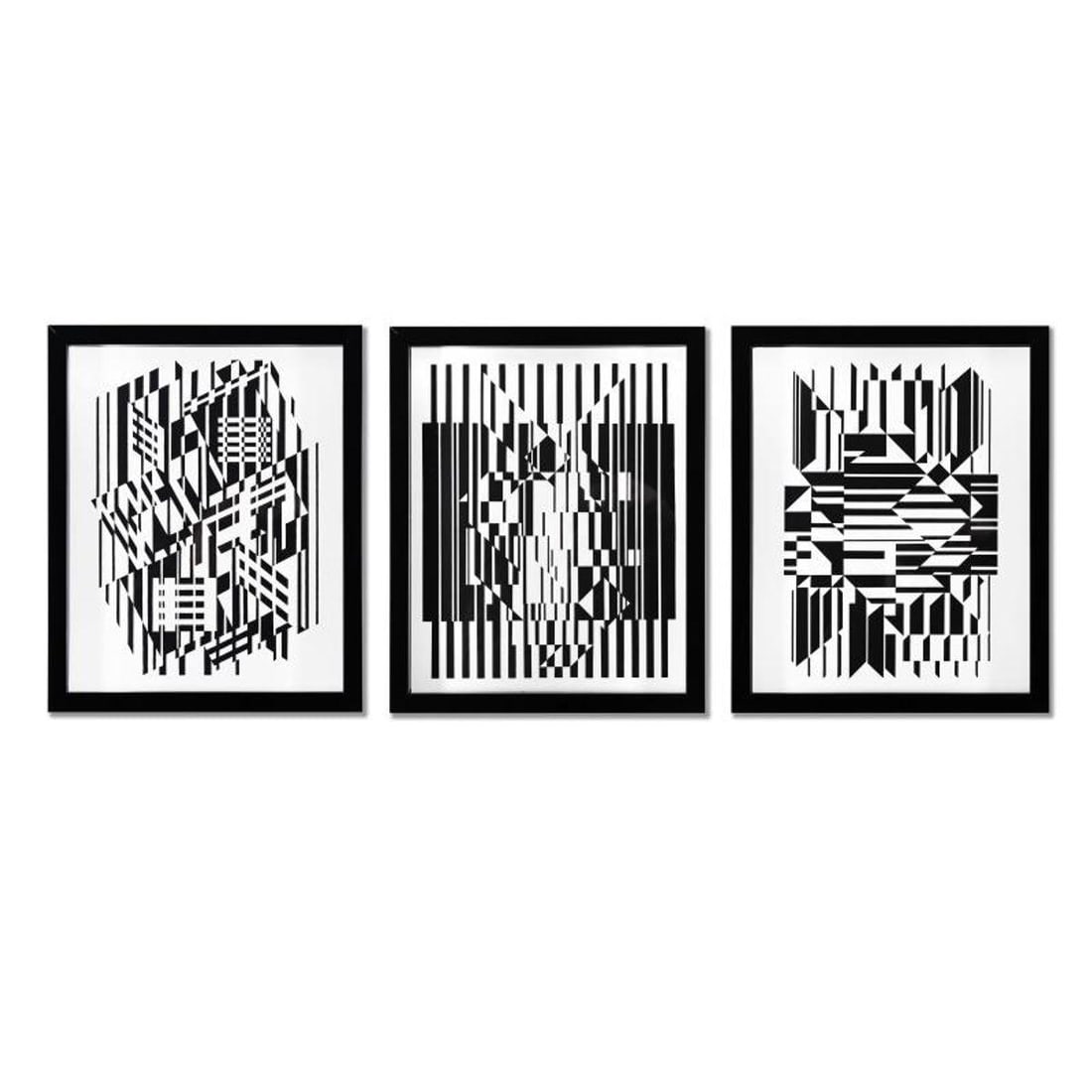 Victor Vasarely (1908-1997), "Tilla, Calcis, et Afa de la serie Lineaires (Triptych)" Framed 1973: Tilla, Calcis, et Afa de la serie Lineaires (Triptych) is a set of heliogravure prints on paper, published in 1973, by Victor Vasarely (1908-1997). These pieces come custom framed, with a letter of au