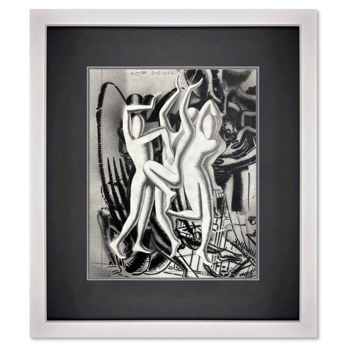 Mark Kostabi, "Touching Three Bases" Framed Original Mixed Media Drawing on Paper, Hand Signed with (1 of 3)