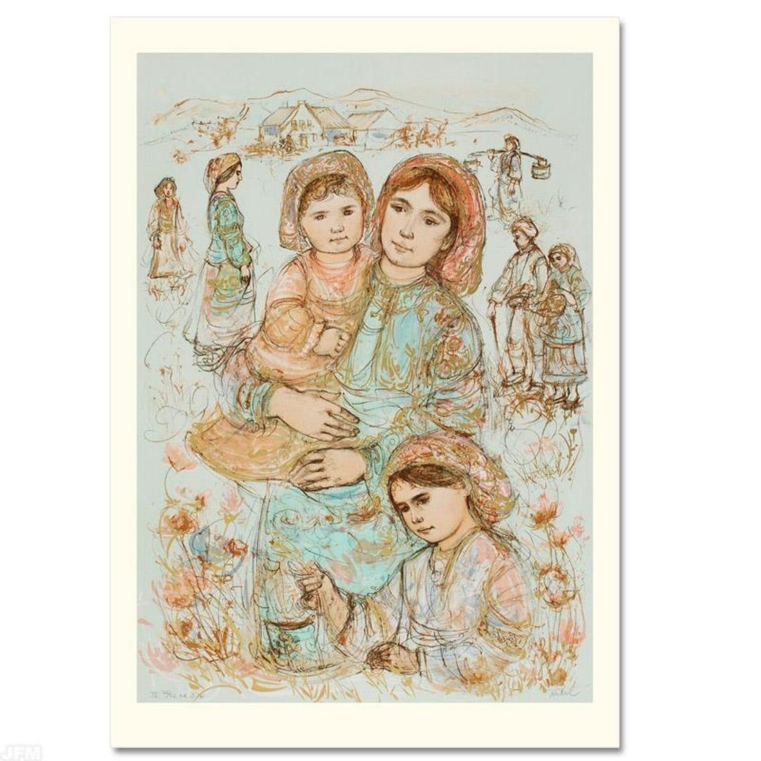 Family in the Field Limited Edition Lithograph by Edna Hibel (1917-2014), Numbered and Hand Signed: Family in the Field is a limited edition lithograph on paper, numbered and hand signed by Edna Hibel (1917-2014). Includes Certificate of Authenticity! Measures approx. 25" x 36" (with border), 22.5" 