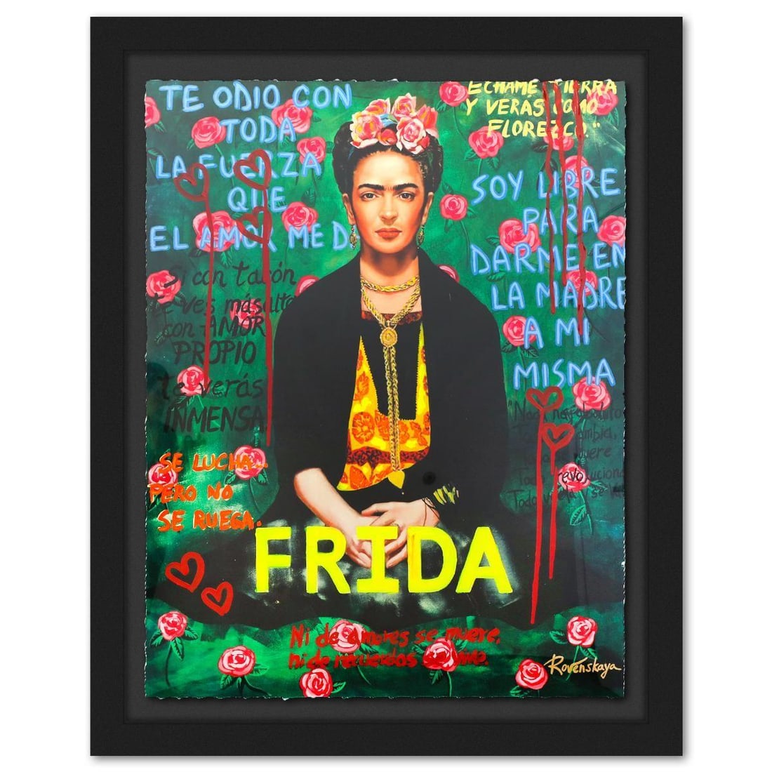 Nastya Rovenskaya- Original Mixed Media on Deckle Edge Paper "Frida Kahlo": Artist: Nastya Rovenskaya. Medium: Original Mixed Media on Deckle Edge Paper. Title: Frida Kahlo. Size: 50" x 38". Measures approx. 60" x 48" (framed). Signature: Hand Signed by the artist.
