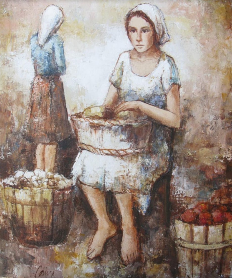 Celine- Original oil on canvas "At the Market": Artist: Celine. Medium: Original oil on canvas. Title: At the Market. Size: 24" x 20". Signature: Hand signed. Reference#: 28079.