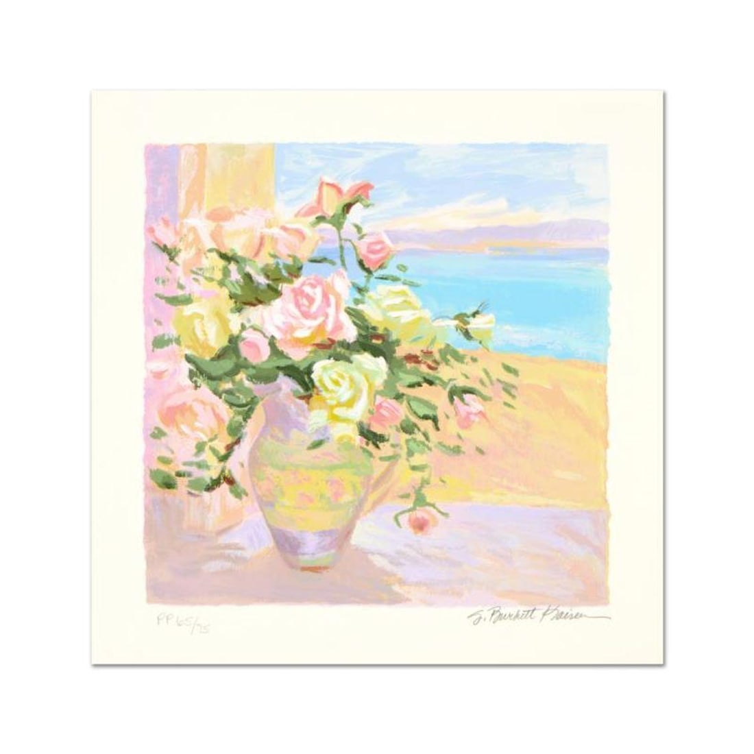 S. Burkett Kaiser, "Seaside Roses" Limited Edition, Numbered and Hand Signed with Letter of: Seaside Roses is a limited edition giclee on paper by S. Burkett Kaiser, numbered and hand signed by the artist. Includes Letter of Authenticity. Measures approx. 15" x 15" (border), 12" x 12"