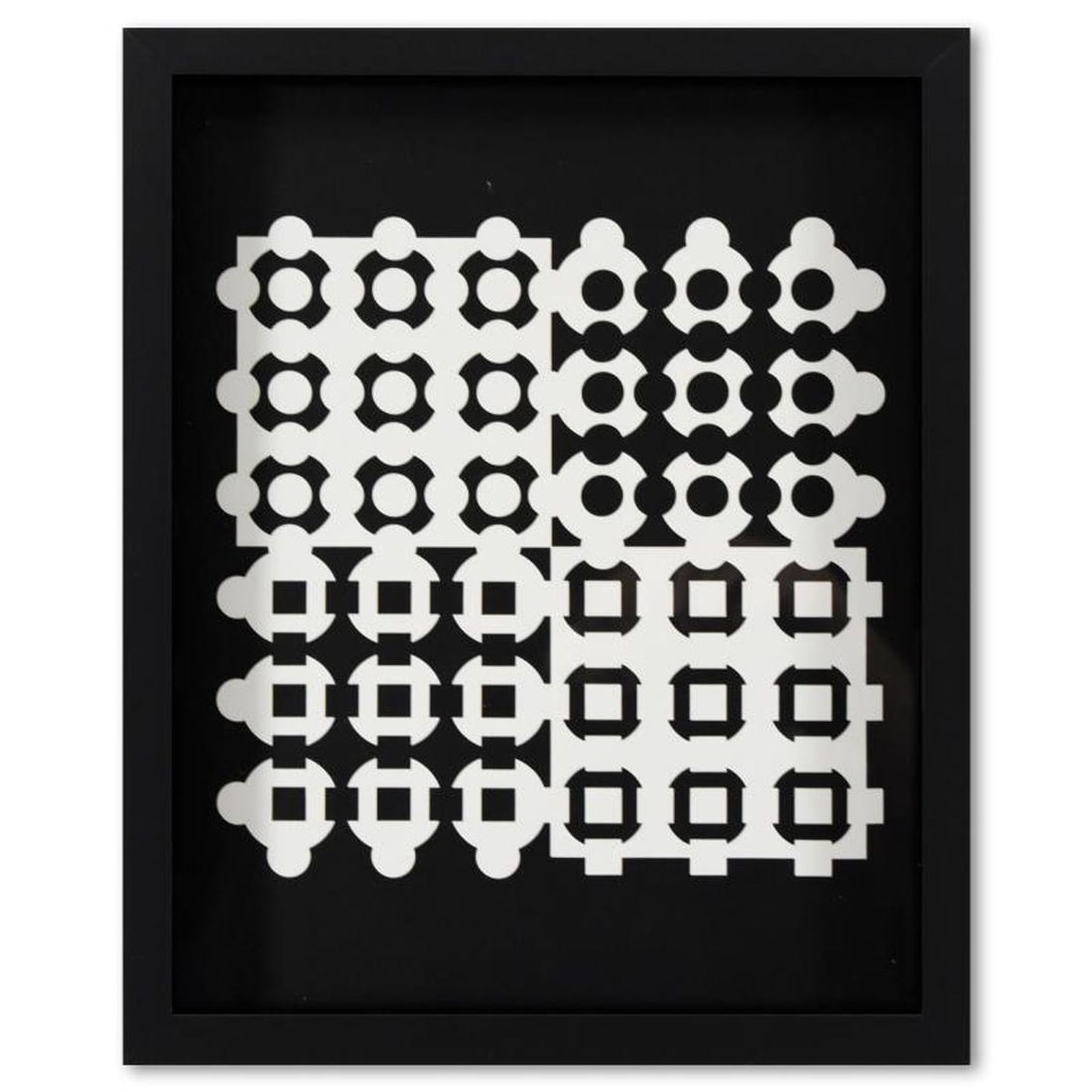 Victor Vasarely (1908-1997), "Helion de la serie Corpusculaires" Framed 1973 Heliogravure Print with: Helion de la serie Corpusculaires is a heliogravure print on paper, published in 1973, by Victor Vasarely (1908-1997). This piece comes custom framed, with a letter of authenticity and with a 1976 Vas