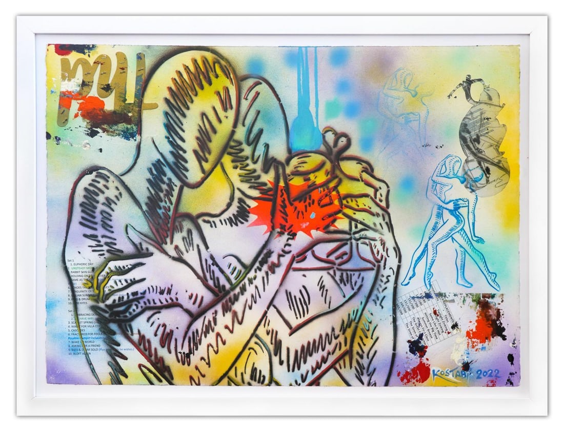 Mark Kostabi- Original Mixed Media on Paper "Celebrating Now": Artist: Mark Kostabi. Medium: Original Mixed Media on Paper. Title: Celebrating Now. Size: 30" x 40". Measures approx. 35" x 47" (framed). Signature: Hand Signed by the artist. Certificate of