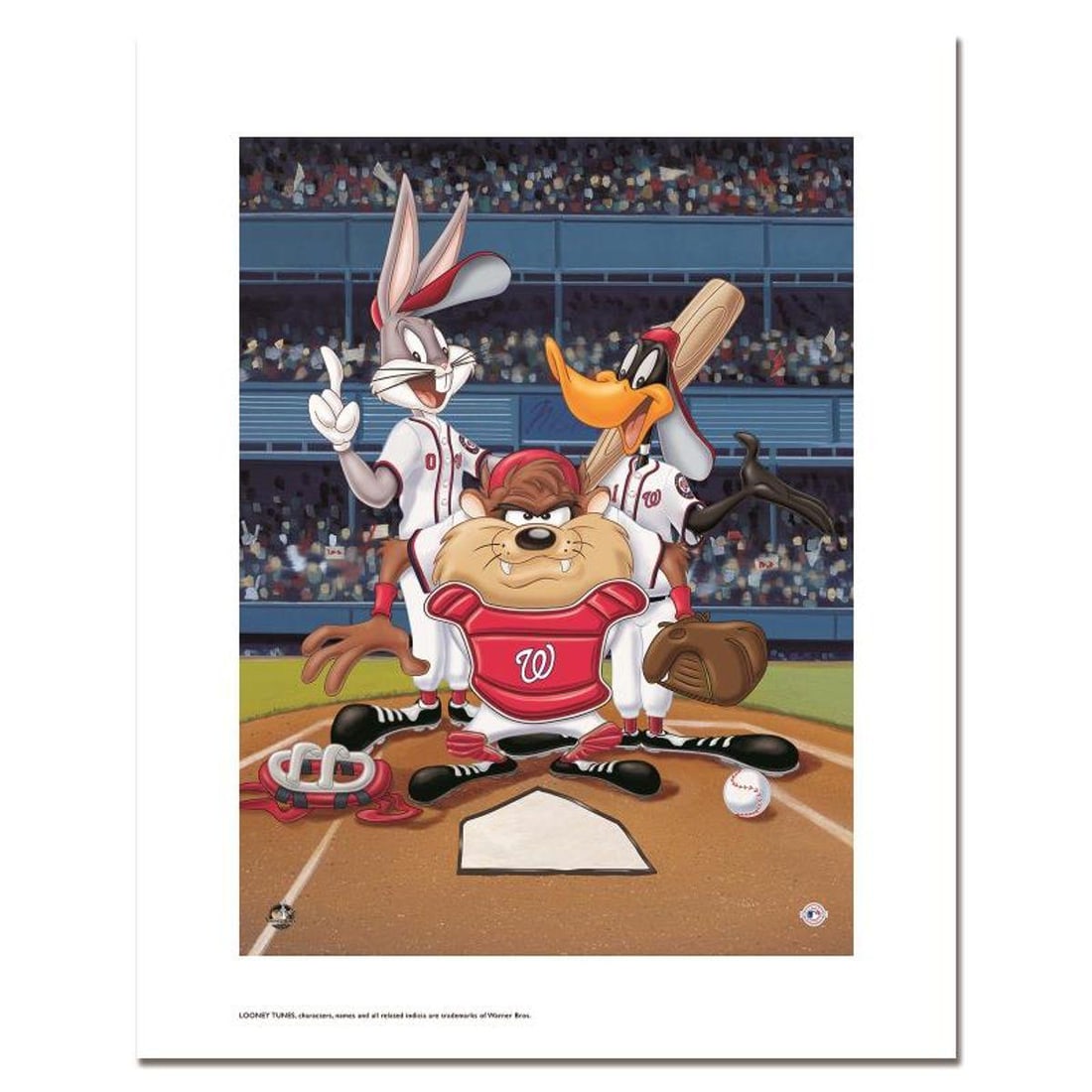 At the Plate (Nationals) Numbered Limited Edition Giclee from Warner Bros. with Certificate of: At the Plate (Nationals) is a limited edition giclee on paper from Warner Bros. featuring iconic Looney Tunes characters in 2019 World Series Champions, Washington Nationals MLB uniforms. It comes