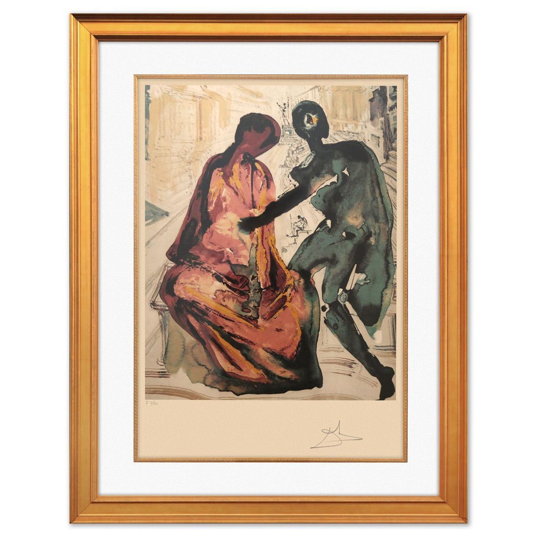 Salvador Dali- Original Lithograph "Anthony and Cleopatra": Artist: Salvador Dali. Medium: Original Lithograph. Title: Anthony and Cleopatra. Size: 26" x 18". Measures approx. 36" x 28" (framed). Signature: Hand signed and numbered. Certificate of Authenticity
