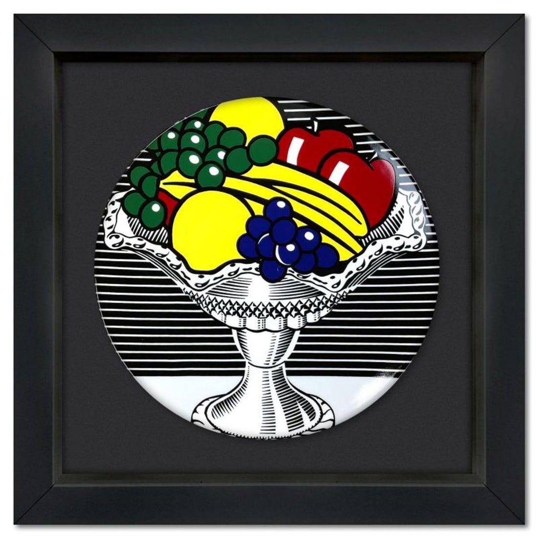 Roy Lichtenstein (1923-1997), "Still Life with Crystal Bowl" Framed Limoges Porcelain Plate.: Still Life with Crystal Bowl is a Limoges porcelain plate featuring art by Roy Lichtenstein (1923-1997). This plate is custom framed and floated on linen. Measures approx. 16" x 16" (frame), 11"