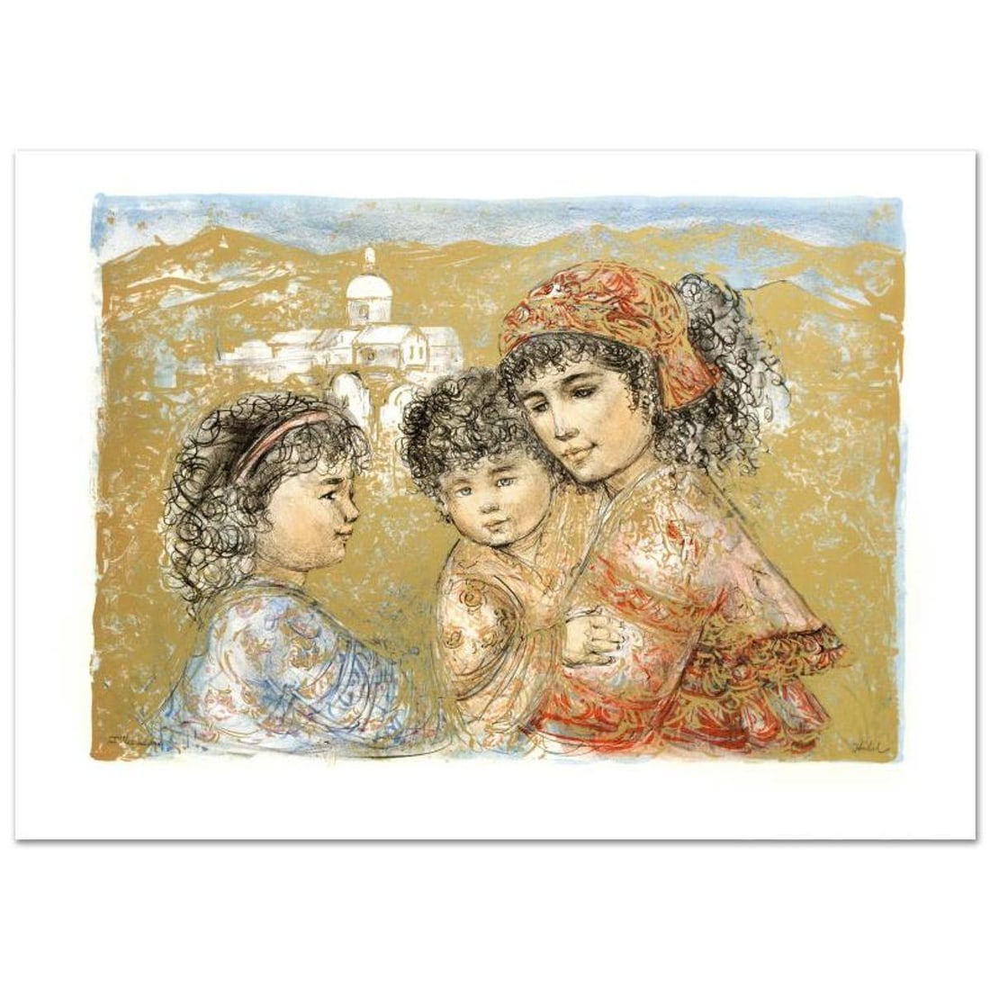 Zalina with Aries and Ande Limited Edition Lithograph by Edna Hibel (1917-2014), Numbered and Hand: Zalina with Aries and Ande is a limited edition lithograph on paper, numbered and hand signed by Edna Hibel (1917-2014). Includes Certificate of Authenticity! Measures approx. 35.5" x 25" (with border