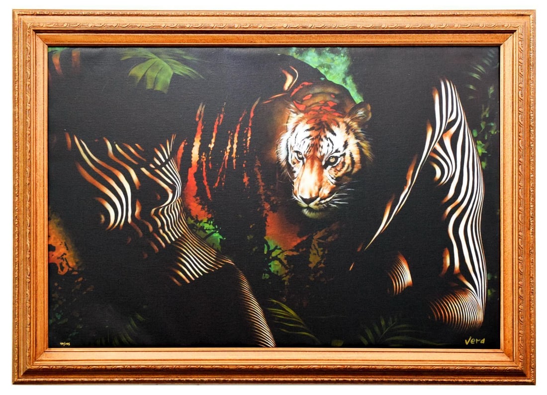 Vera V. Goncharenko- Original Giclee on Canvas "The Ladies with the Tiger": Artist: Vera V. Goncharenko. Medium: Original Giclee on Canvas. Title: The Ladies with the Tiger. Size: 24" x 36". Measures approx. 30" x 41" (framed). Signature: Hand Signed and Numbered.