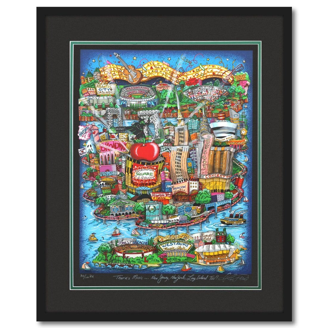 Charles Fazzino- 3D Construction Silkscreen Serigraph "There's Music: New Jersey, New York, Long: Artist: Charles Fazzino. Medium: 3D Construction Silkscreen Serigraph. Title: There's Music: New Jersey, New York, Long Island Too!!. Size: 20" x 16". Measures approx. 27" x 22" (framed). Signature: H