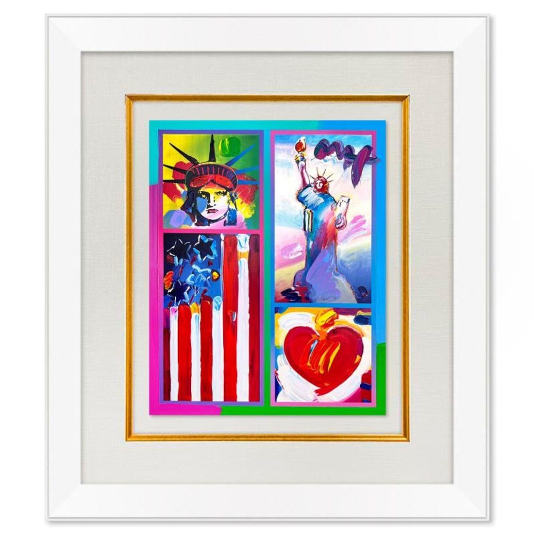 Peter Max, "2 Liberties, Flag and Heart" Framed One-of-a-Kind Mixed Media, Hand Signed with (1 of 2)