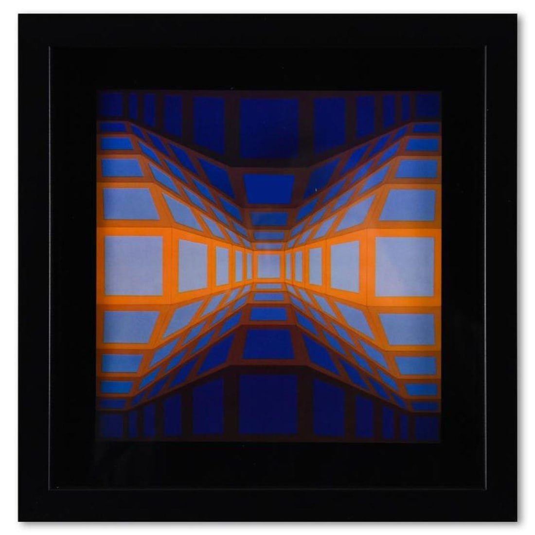 Victor Vasarely (1908-1997), "Kek - Eg - II de la serie Structures Universelles Du Damier" Framed: Kek - Eg - II de la serie Structures Universelles Du Damier is a heliogravure print on paper, published in 1975, by Victor Vasarely (1908-1997). This piece comes custom framed, with a letter of