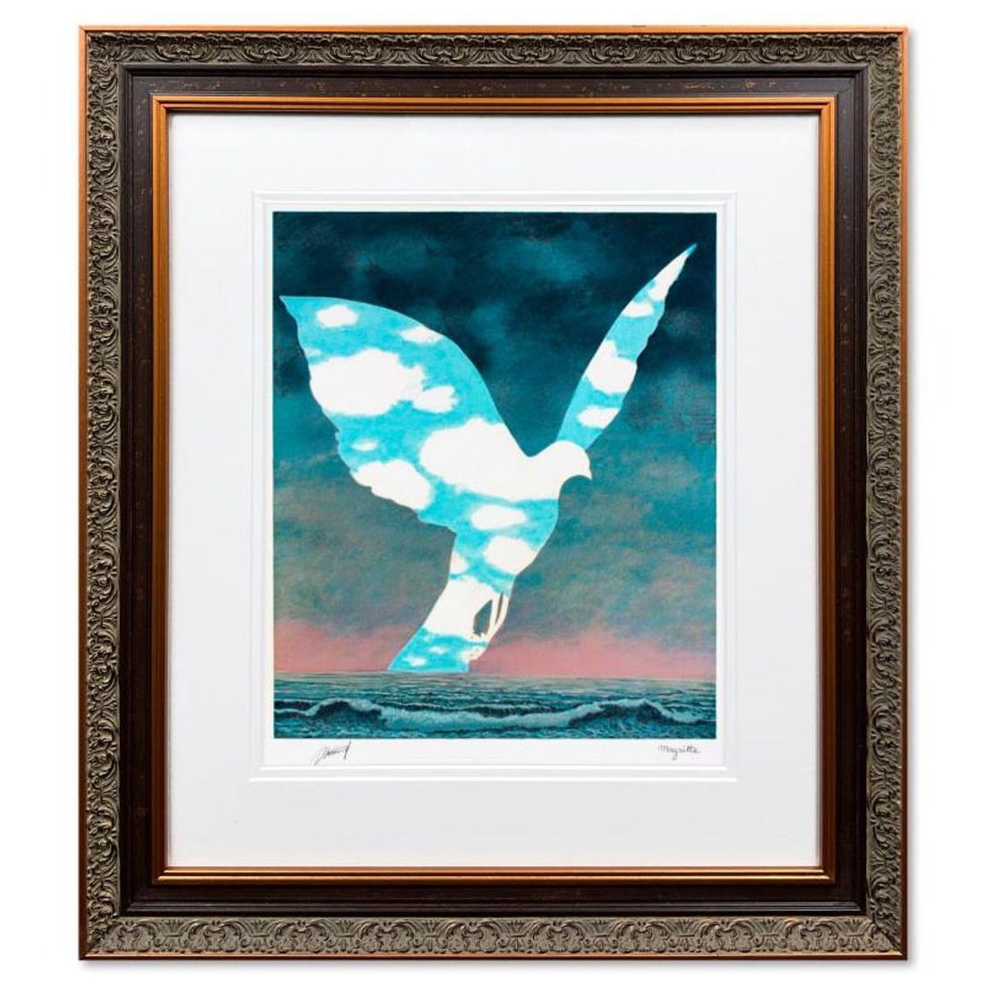 Rene Magritte (1898-1967), "La Grande Famille" Framed Limited Edition Lithograph with Letter of: La Grande Famille is a framed limited edition lithograph on paper by Rene Magritte (1898-1967). Printed by Atelier Mourlot in Paris and authorized by the Magritte Foundation and ADAGP Paris , the