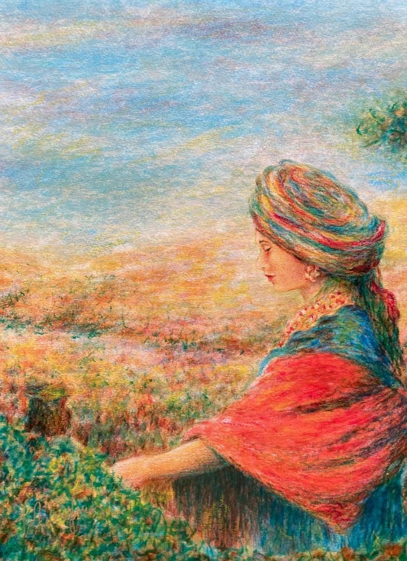 Itzhak Tordjman- Pastel paint over lithograph on paper "From the Woman of Valor series" (1 of 3)