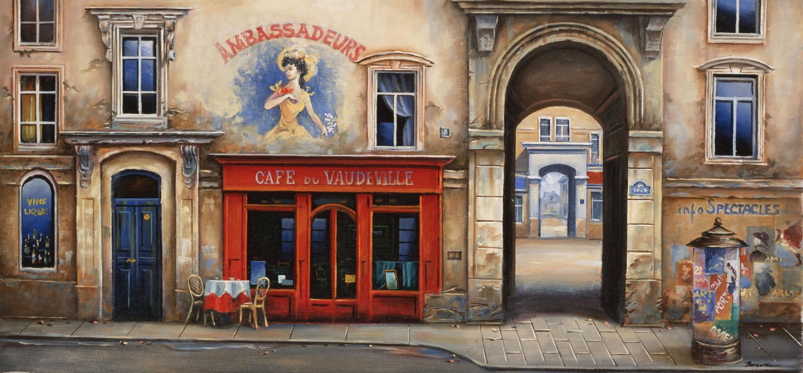 Alexander Borewko- Original Giclee on Canvas "Cafe Du Vaudeville": Artist: Alexander Borewko. Medium: Original Giclee on Canvas. Title: Cafe Du Vaudeville. Size: 16" x 30". Signature: Hand Signed by the Artist. Certificate of Authenticity: From the publisher.