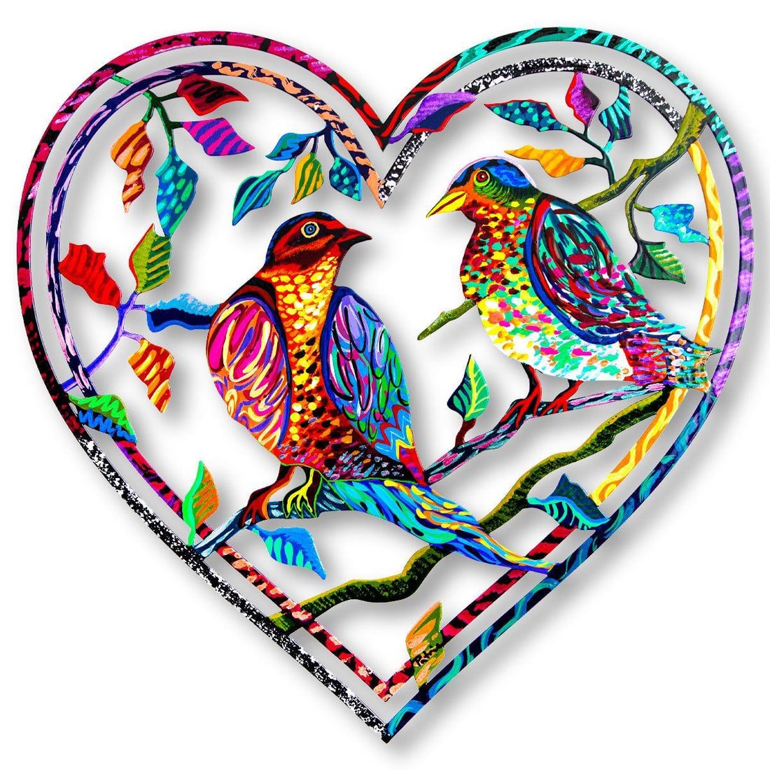 Patricia Govezensky- Original Painting on Laser CutÂ Steel "Love Birds": Artist: Patricia Govezensky. Medium: Original Painting on Laser CutÂ Steel. Title: Love Birds. Size: 16" x 16". Signature: Hand Signed by the artist. Certificate of Authenticity: From the publisher.