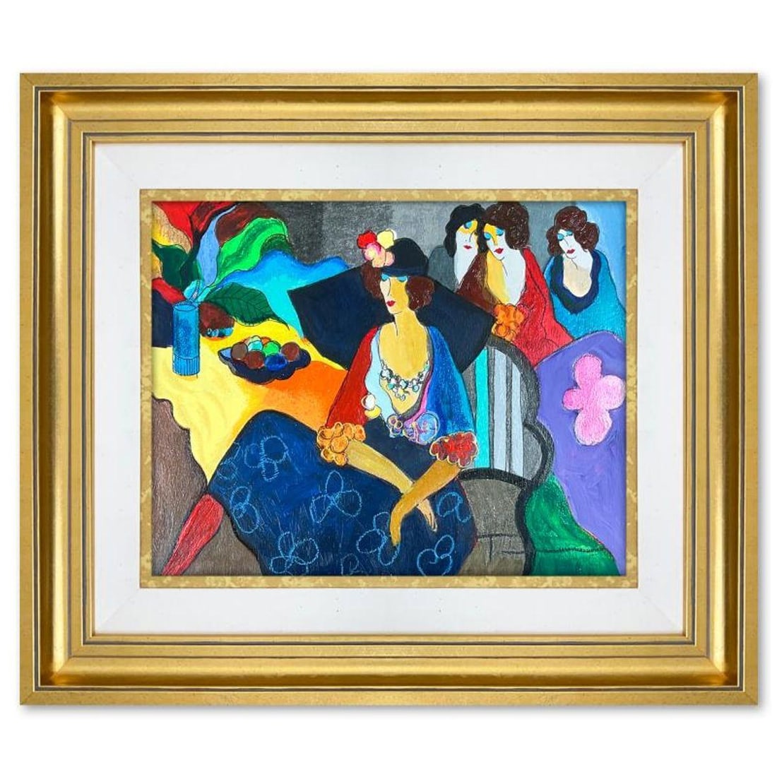 Itzchak Tarkay (1935-2012), "Gossip" Framed One-of-a-Kind Mixed Media Over Paint on Wood, Hand: Gossip is a one-of-a-kind mixed media over paint on wood by Itzchak Tarkay (1935-2012), hand signed by the artist. This piece comes custom framed. Includes Letter of Authenticity. Measures approx. 17"