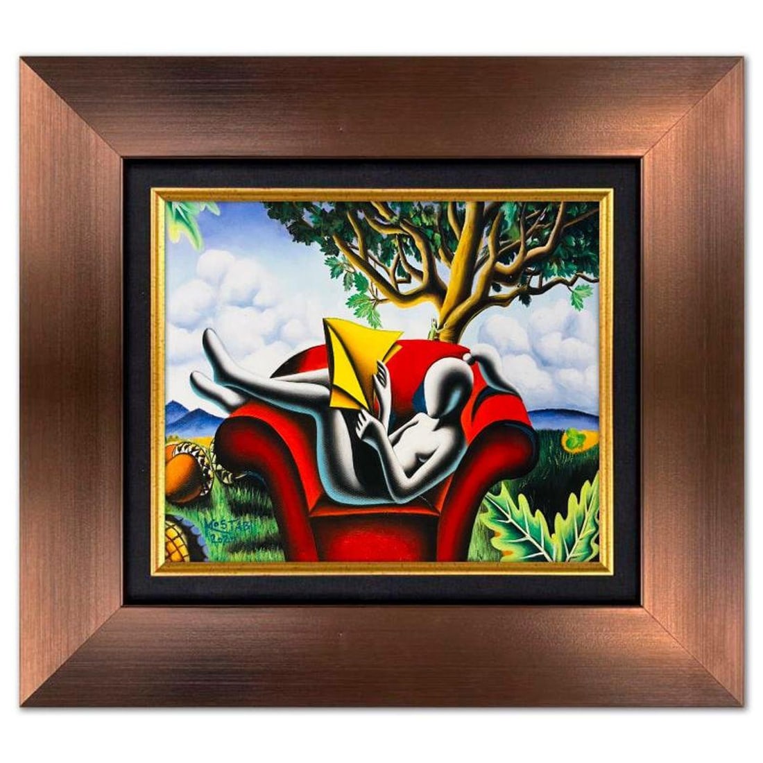 Mark Kostabi, "Scarlet Dreams in a Green Haven" Framed Original Oil Painting on Canvas, Hand Signed (1 of 3)