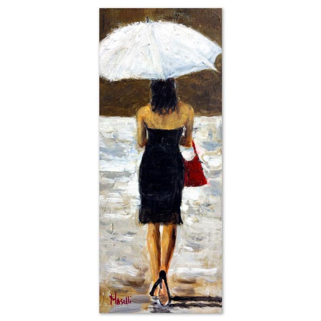 Michael Maselli, "Red Purse Tonight" Original Painting on Canvas, Hand Signed with Letter of: Red Purse Tonight is an original painting on stretched canvas by Michael Maselli, hand signed by the artist. Includes Letter of Authenticity. Measures approx. 29" x 12" (image).