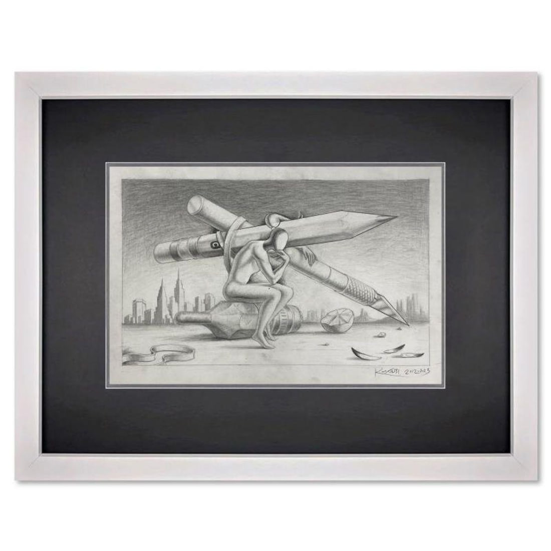 Mark Kostabi, "The Point of Staying Sharp" Framed Original Drawing on Paper, Hand Signed with (1 of 3)