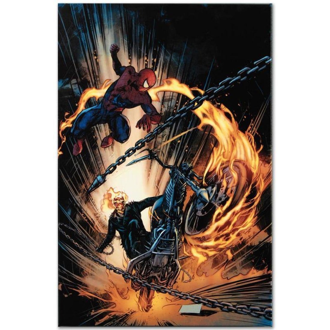 Marvel Comics "Amazing Spider-Man/Ghost Rider: Motorstorm #1" Numbered Limited Edition Giclee on: A piece of comic book history, this limited edition, from original art by Roberto De La Torre, depicts an epic battle between two famed comic book icons: The Amazing Spider-Man and Ghost Rider. Since 