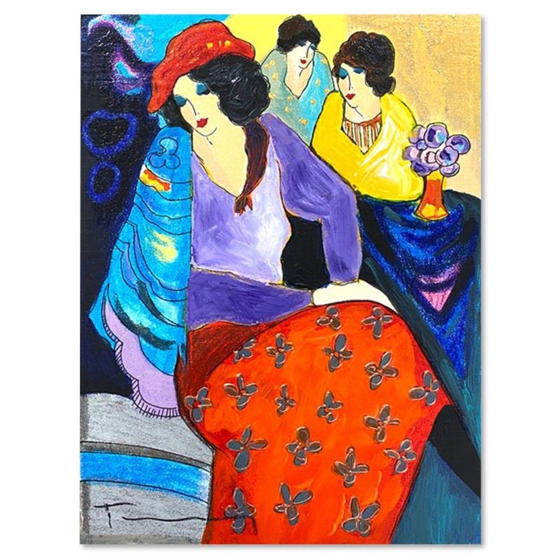 Itzchak Tarkay (1935-2012), "Blue Mood" One-of-a-Kind Mixed Media Over Paint on Wood, Hand Signed: Blue Mood is a one-of-a-kind mixed media over paint on wood by Itzchak Tarkay (1935-2012), hand signed by the artist. Includes Letter of Authenticity. Measures approx. 11" x 8" (image).