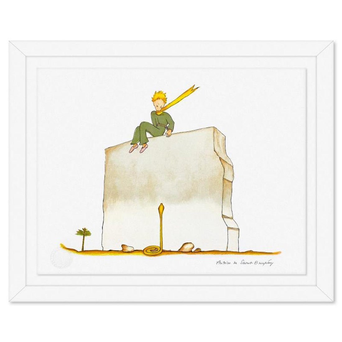 Antoine de Saint-Exupery 1900-1944 (After), "The Little Prince And The Snake at the Wall" Framed: The Little Prince And The Snake at the Wall is a limited edition lithograph on paper by Antoine de Saint-Exupery 1900-1944 (After), bearing the plate signature of the artist.This piece comes from an