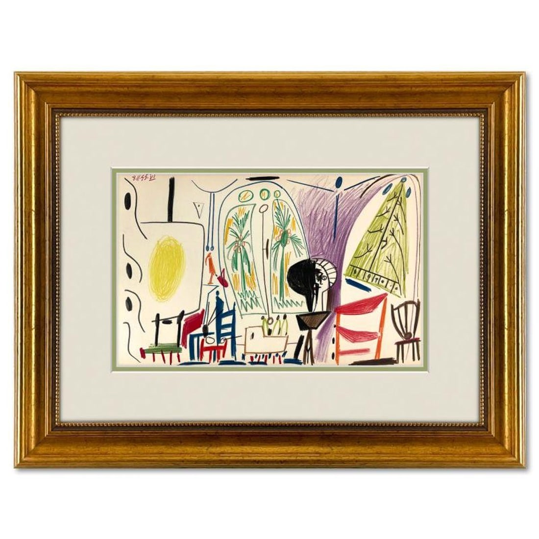 Pablo Picasso (1881-1973), "Carnet de Californie 8.11.55-VI" Framed Vintage Lithograph on Paper with: Carnet de Californie 8.11.55-VI is a vintage lithograph on paper by Pablo Picasso (1881-1973). This piece is from Picasso's Carnet de Californie Series and was printed in Paris, France by Mourlot