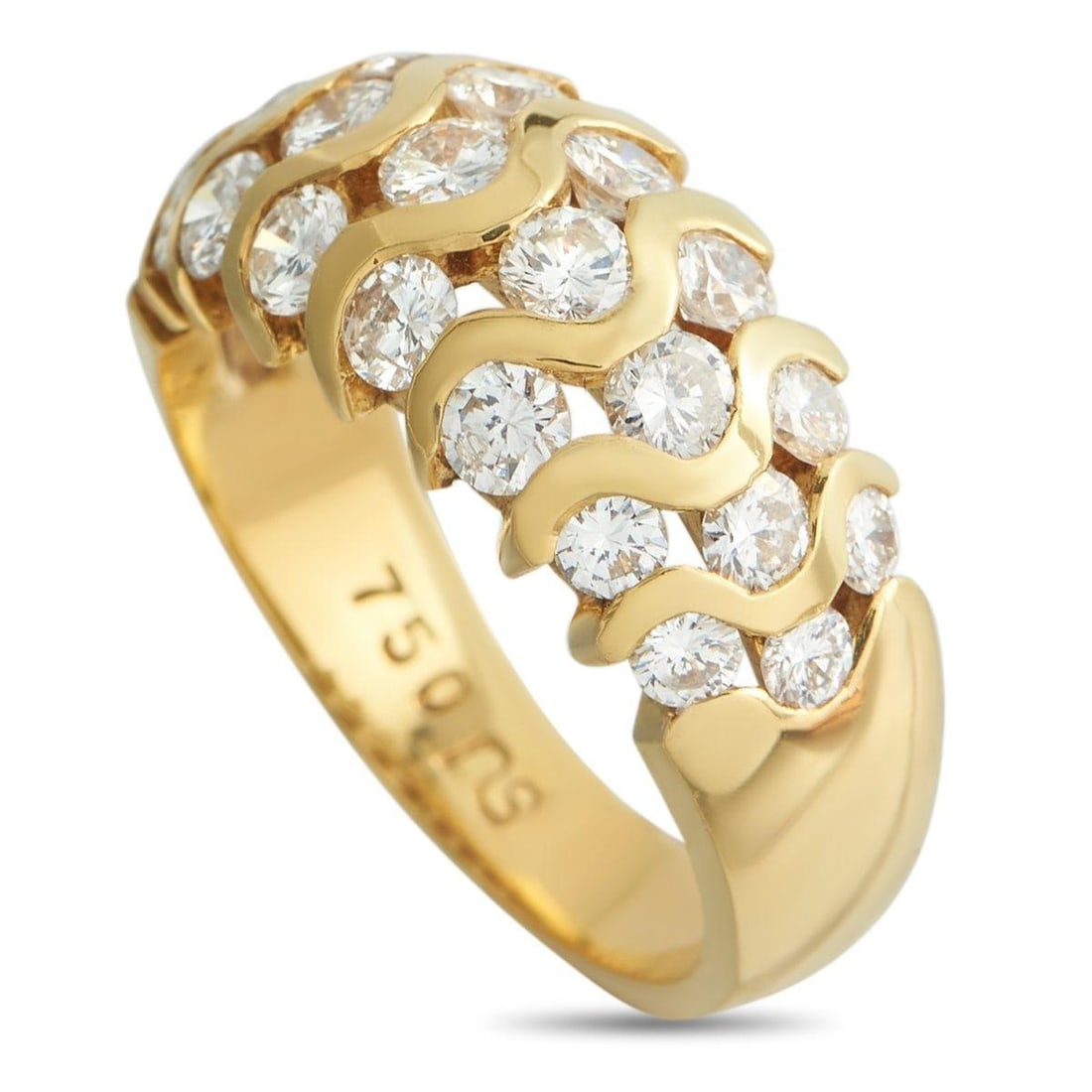 18K YELLOW GOLD 1.80CT DIAMOND WAVE RING: Instead of a traditional pav, this 18k yellow gold ring uses a wave to frame its diamonds. Curving gold lines travel across the 4mm band, forming open pockets where round diamonds totaling 1.80 carats