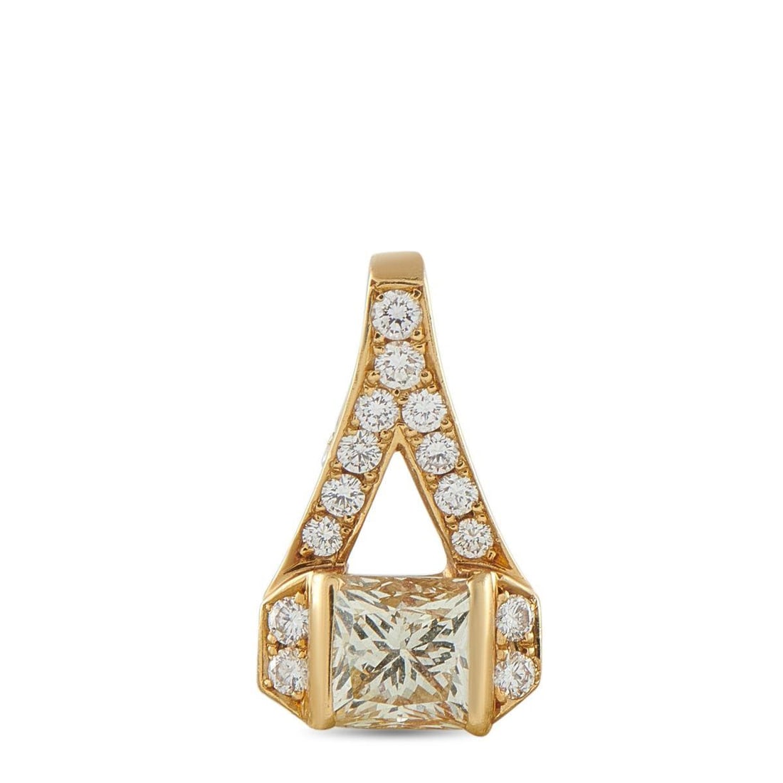 18K YELLOW GOLD 1.40CT DIAMOND PENDANT: This charming pendant is perfectly understated. Ideal for accenting any chain, it comes complete with a 1.04 carat square-cut Diamond center stone and Diamond accents totaling 0.36 carats. Crafted fro