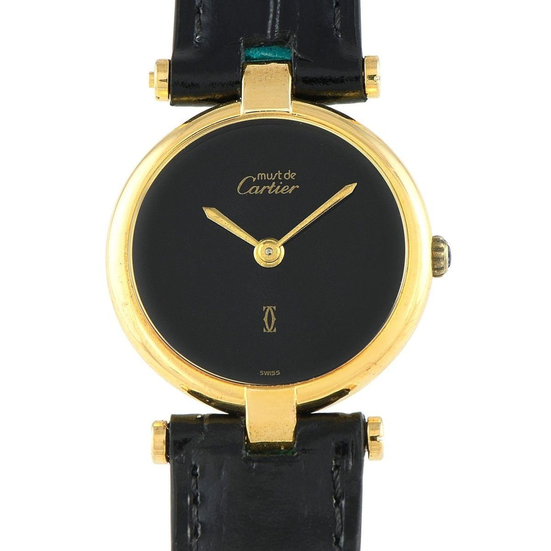 CARTIER MUST DE CARTIER VENDME BLACK DIAL VERMEIL QUARTZ WATCH: Designed with the poise of black and gold, this Must de Cartier Vendme watch has the look of cultivated style. Its round case is crafted in gold-plated sterling silver and paired with a cabochon crown